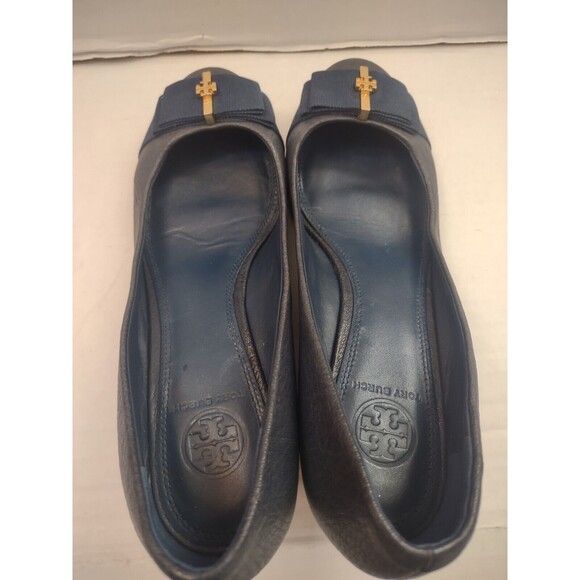 Tory Burch Size 7M Trudy Closed Toe Wedge Leather Crossgrain Navy - Picture 5 of 9